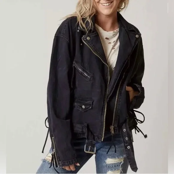 Free People Black Oversized Denim Moto Jacket Corset Lace Up - Picture 4 of 8